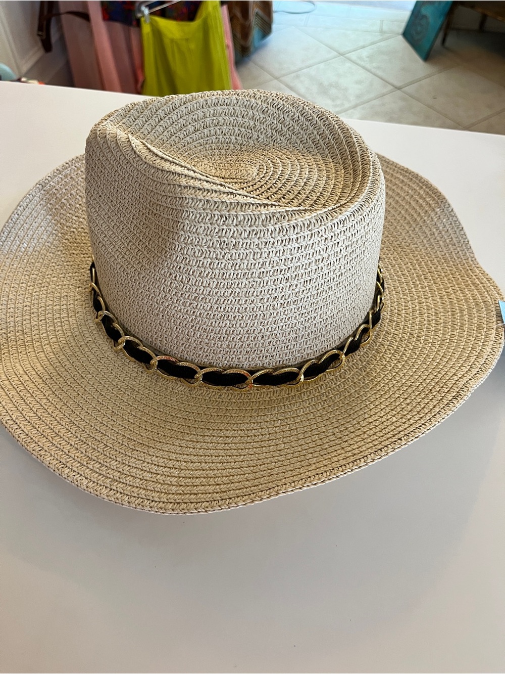 Kendall and Kylie  Straw Panama Fedora with Black & Gold Chain Trim Size Medium